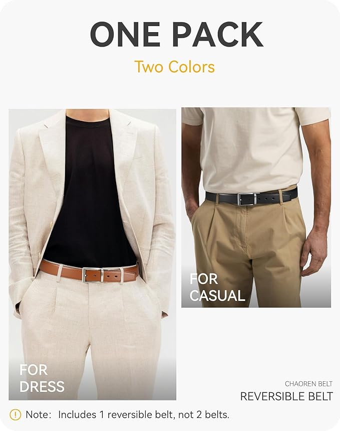 CHAOREN Reversible Mens Belt 1 Piece – Leather Belt Men for Dress Pants - Single Belt, 2 Colors