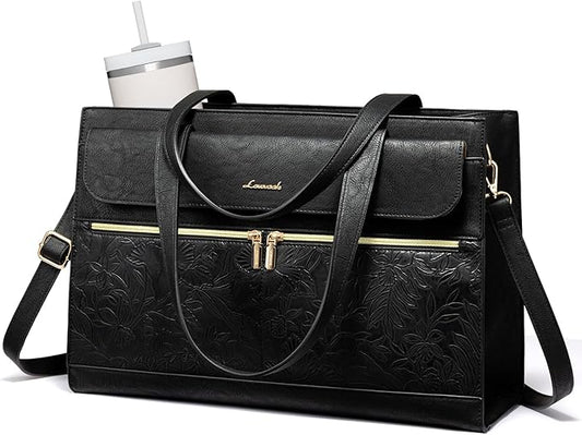 LOVEVOOK Laptop Tote for Women 15.6 Inch, PU Leather Waterproof Work Tote with Large Tumbler Pocket, Peony Embossed Textured Computer Bag, Organized Teacher Office Business Crossbody Handbag