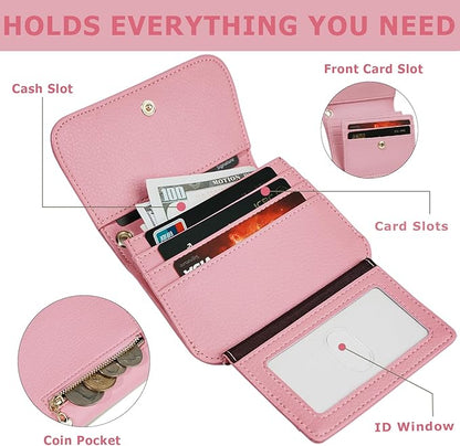 Women Small Wallet RFID Blocking Slim Wallet with Coin Pocket Tri-Fold Credit Card Holder with ID Window and Keychain(Pink)