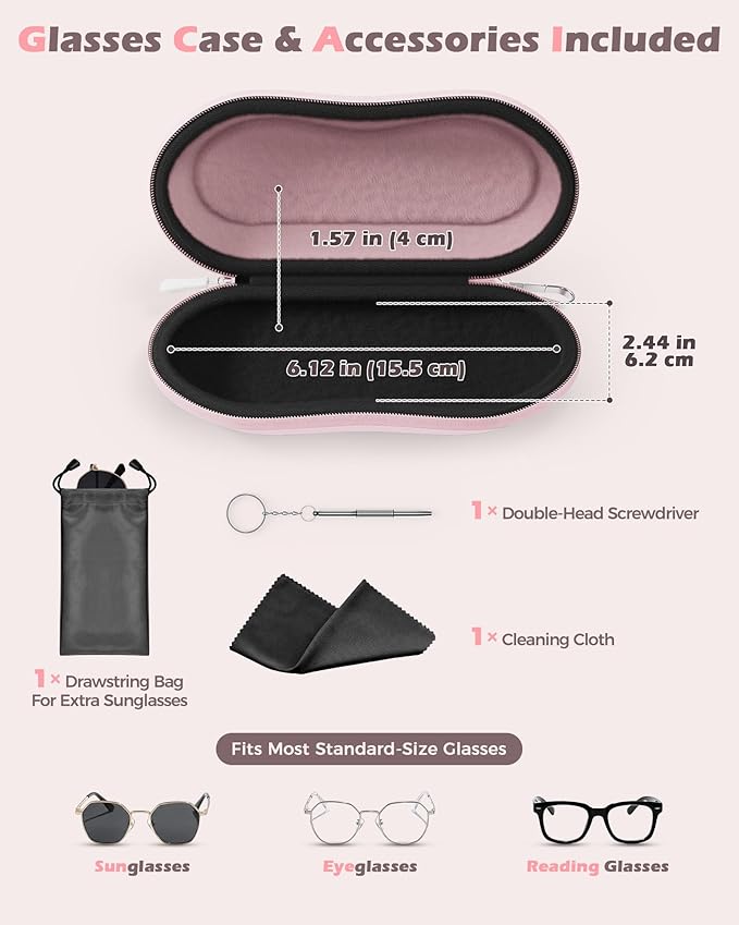 ProCase Sunglasses Case, Hard EVA Shell Shockproof Eyeglass Case for Men Women with Metal Hanging Hook and Velvet Lining, Travel Zipper Sport Glasses Holder Organizer for Gifts- Lightpink