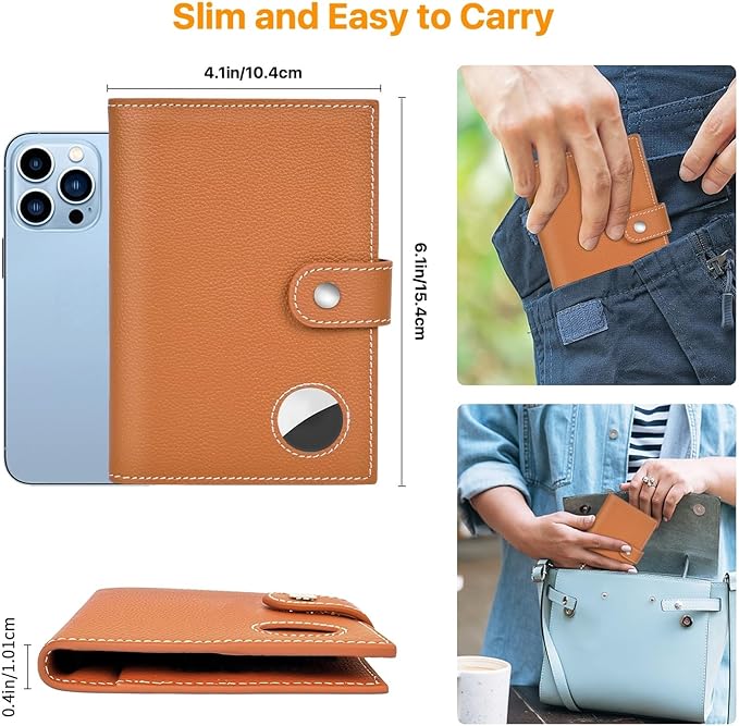 Genuine Leather Passport Holder for Travel, RFID Blocking Passport Wallet with Tracker Holder, Slim Passport Cover Travel Wallet for Women Men, Airport Essentials (Brown)