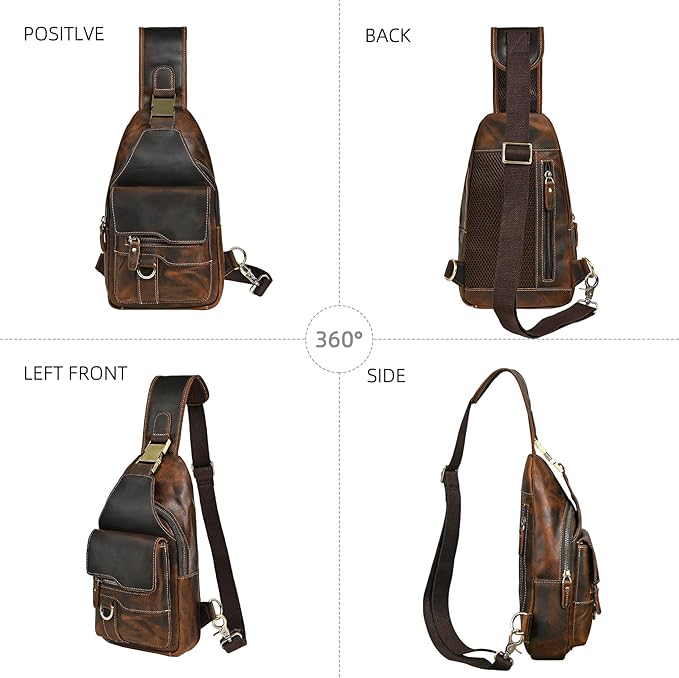 Water Resistant Canvas + Leather Hiking Travel DayPack Sling Crossbody Triangle Chest Pack Bag For Men Women FB8013 (100% Genuine Leather-8015 Brown)