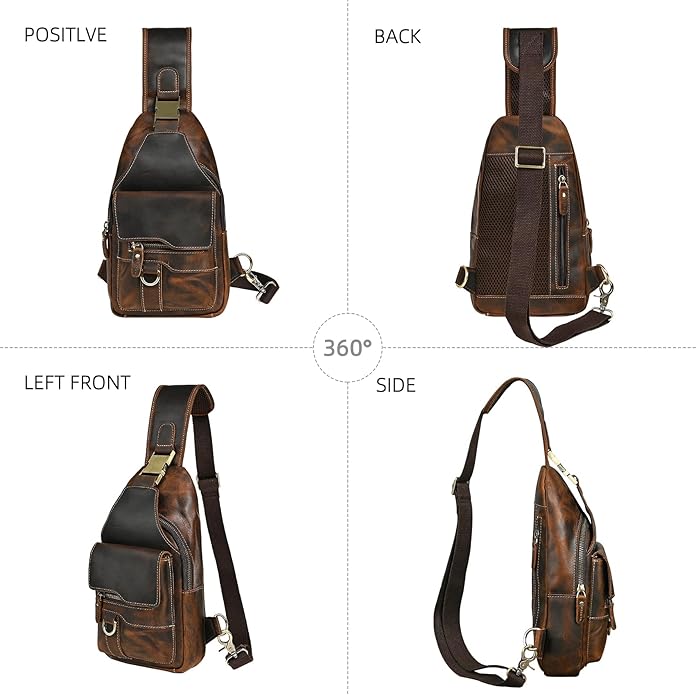 Thick Crazy horse Leather Triangle Crossbody Sling Chest Bag Travel One Shoulder Bag Daypack For Men Male 3028