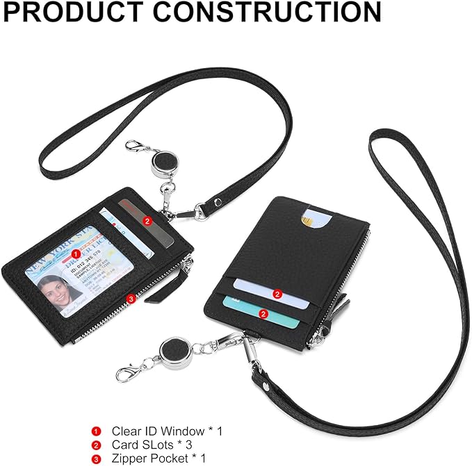 SENDEFN Retractable Badge Holder Wallet, Genuine Leather ID Card Holder with Removable Neck Lanyard Clasp, Five Card Slots, for Office Staff Women
