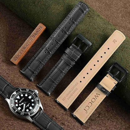 WOCCI Watch Bands, Top Grain Leather, Embossed Alligator Grain, Quick Release, Band Width 18mm 20mm 22mm
