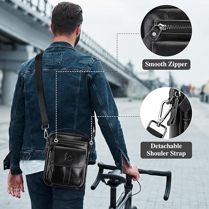 BAIGIO Genuine Leather Small Messenger Bag for Men Crossbody Shoulder Bag for Ipad MIni Handbag Man Purse for Daily Business | Genuine Leather, Small, for Ipad Mini, Man Purse, for Daily Business
