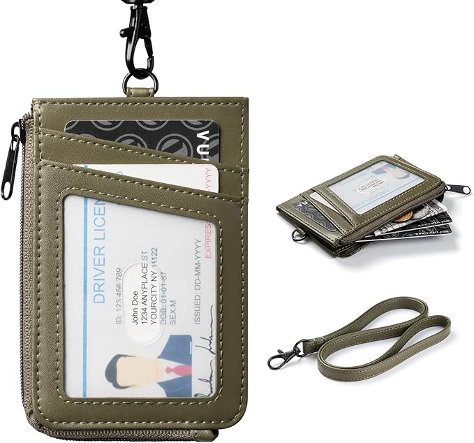 VULKIT Leather Work ID Badge Holder for Lanyard with Zipper Pocket, Work Badge Lanyard for Women and Men, Suitable for Offices Staff, Teacher, Can Hold Coins, Key, Cash, Credit Card, Olive Green