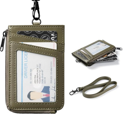 VULKIT Leather Work ID Badge Holder for Lanyard with Zipper Pocket, Work Badge Lanyard for Women and Men, Suitable for Offices Staff, Teacher, Can Hold Coins, Key, Cash, Credit Card, Olive Green