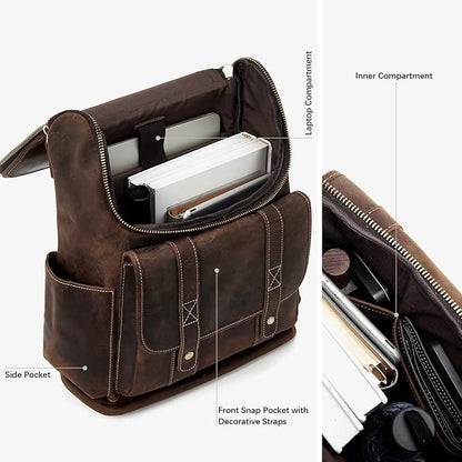 BOSTANTEN Leather Backpack for Men 15.6 inch Laptop Backpack Vintage Travel Office Bag Large Capacity Shoulder Bag Coffee