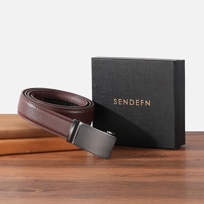 SENDEFN Men's Leather Belt Automatic Ratchet Buckle Slide Belt for Dress Casual Trim to Fit with Gift Box