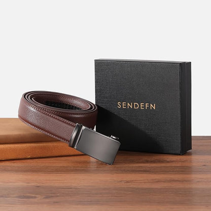 SENDEFN Men's Leather Belt Automatic Ratchet Buckle Slide Belt for Dress Casual Trim to Fit with Gift Box