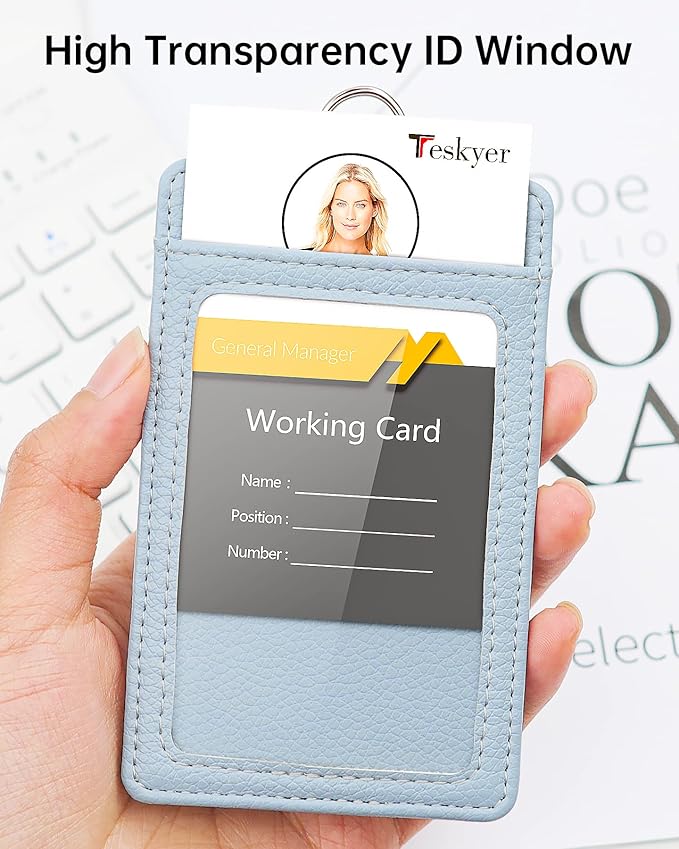 Teskyer Badge Holder with Lanyard, Leather ID Name Badge Card Holder with Lanyard for ID Badges, Vertical, Lychee Pattern Cyan