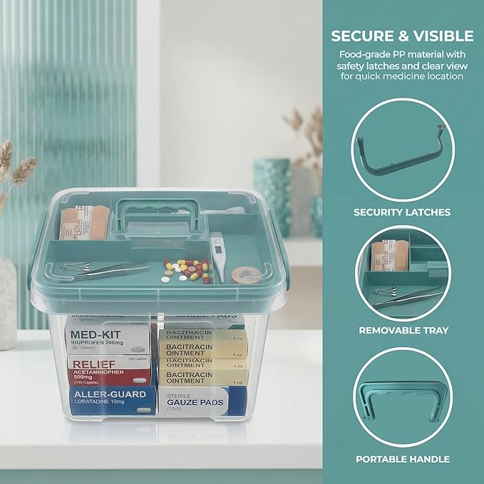 Pulseplay Clear Medicine Organizer Storage Box with Handle Medicine Organizer Box with Removable Tray Multipurpose Medicine Container Chest (Green)