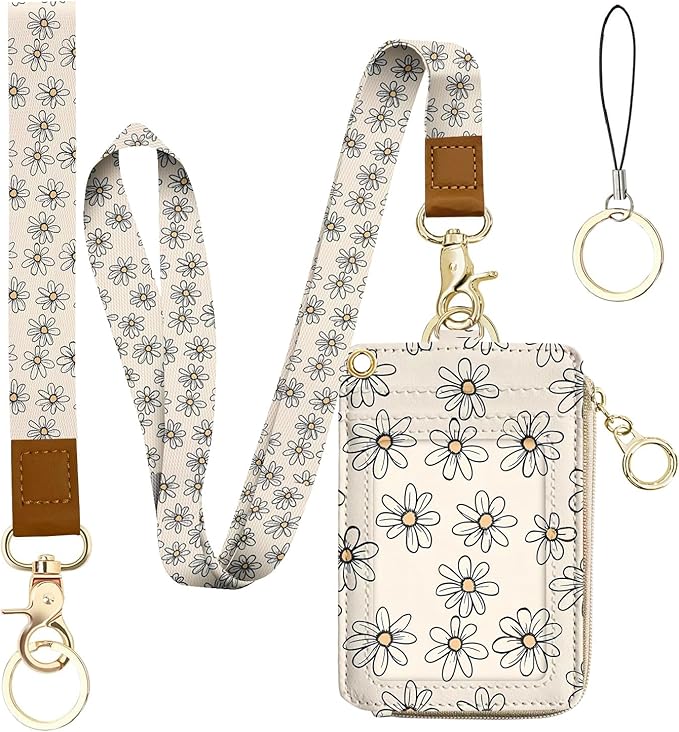 bolimoss Daisy Lanyards for ID Badges Keys, 2-in-1 Cute Floral ID Badge Holder & Lanyard Wallet,PU Leather Wallet Lanyard Card Name Tag Protector for Women Nurses, Teachers, Students
