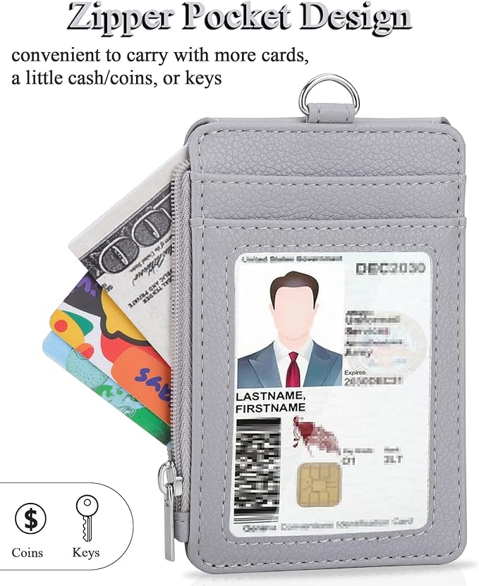 Teskyer Badge Holder with Side Zip Pocket, Multiple Card Slots Leather ID Holder Wallet with Neck Lanyard for Office Staffs, Teachers/Students, Workers, Cruise Cards, Bus/Metro Cards, Lichee Gray