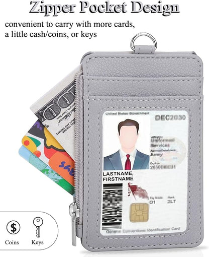 Teskyer Badge Holder with Side Zip Pocket, Multiple Card Slots Leather ID Holder Wallet with Neck Lanyard for Office Staffs, Teachers/Students, Workers, Cruise Cards, Bus/Metro Cards, Lichee Gray