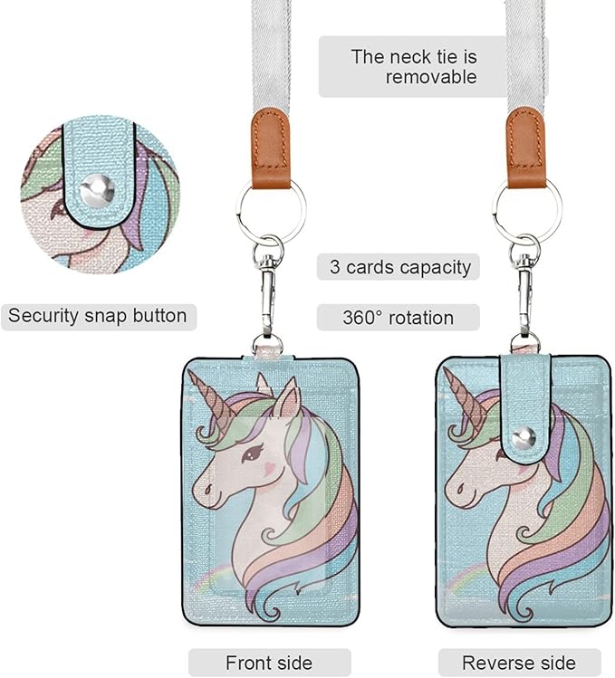 Badge Holder, Cartoon Unicorn PU Leather School College Business ID Badge Card Holder Wallet Case with 1 Clear Window, 2 Credit Card Slots and Detachable Neck Lanyard - Vertical