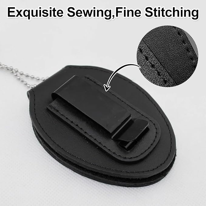Police Badge Holder, Made of Cowhide, Belt Clip, Universal Law Enforcement Badge Holder, Included for Metal Clip and Chain (Black)