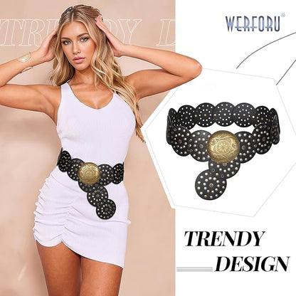 WERFORU Women Vintage Leather Belt Western Disc Waist Belts Ladies Western Belt Boho Belt for Dress Jean-