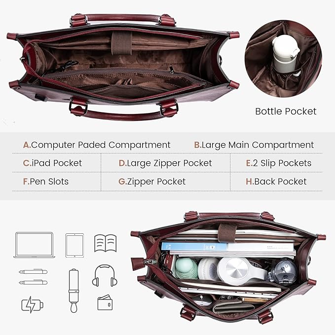 LOVEVOOK Laptop Tote Bag for Women, 15.6 Inch Large Capacity Vintage Leather Work Computer Bag, Business Casual Shoulder Handbag, Wine Red