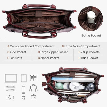 LOVEVOOK Laptop Tote Bag for Women, 15.6 Inch Large Capacity Vintage Leather Work Computer Bag, Business Casual Shoulder Handbag, Wine Red