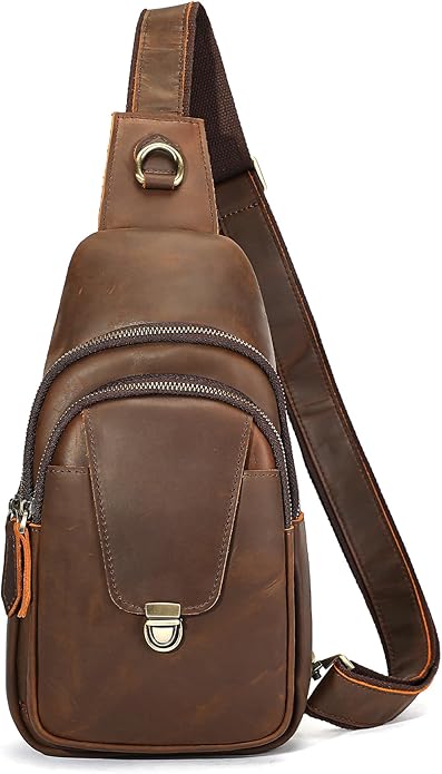 NIUCUNZH Genuine Leather Sling Bag Front Metal-Latch Crossbody Bags Handmade Vintage Chest Shoulder Backpack for Women Men