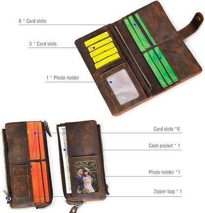 Genuine Crazy Horse Leather Travel Gift Coin Pocket Card Case Long Organizer Chain Rfid Wallet Purse With Snap For Men Male 1803 1815 (1803 Brown)