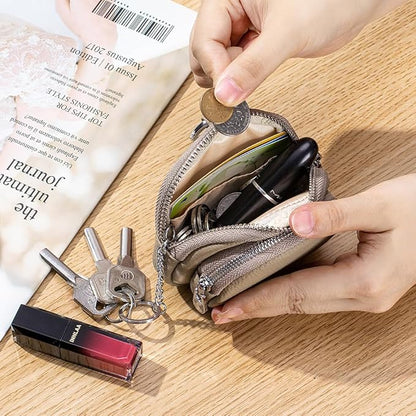 Genuine Leather Coin Purse with Keychain Clip Dual Zipper Mini Wallet Small Cute Pouch for Women & Men Compact Card Holder Wallet Key Holder (Purple)
