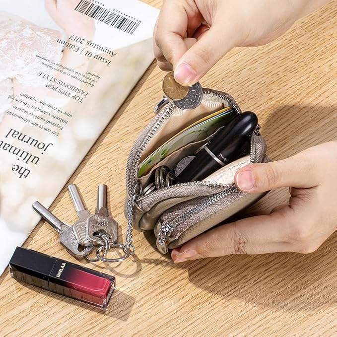 Genuine Leather Coin Purse with Keychain Clip Dual Zipper Mini Wallet Small Cute Pouch for Women & Men Compact Card Holder Wallet Key Holder (Blue)