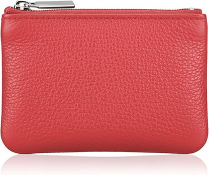 Hibate Red Small Leather Coin Purse Change Pouch for Women Men Kids with Zip Key Ring