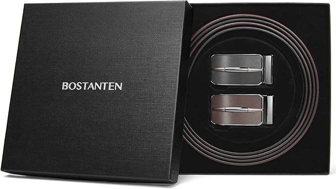 BOSTANTEN Ratchet Leather Belt For Men 2 Pack Dress and Casual with Adjustable Buckle, Trim to Fit