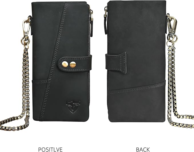 Genuine Crazy Horse Leather Travel Gift Coin Pocket Card Case Long Organizer Chain Rfid Wallet Purse With Snap For Men Male 1803 1815 (1803 The Black2)