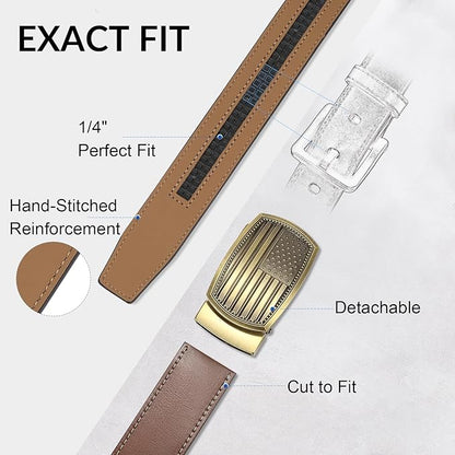 SANSTHS Mens Ratchet Belts Leather 1 3/8" for Men Dress and Casual, Adjustable Click Belts with American Flag Buckles