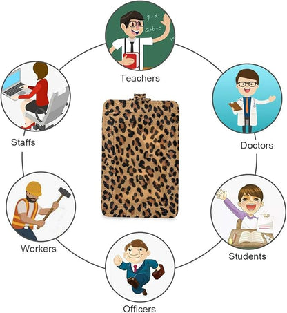 Moudou Leopard ID Badge Holder with Lanyard, Vertical Leather ID Badge Card Holder for Office Staff, School Teacher and Student