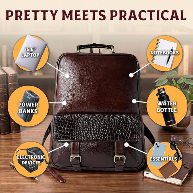 15.6" Luxury Burgundy Leather Laptop Backpack for Men & Women. Leather Bag for Professional Use in Office & Business