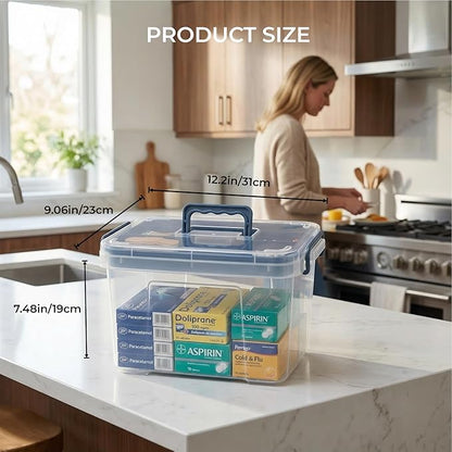 Pulseplay Clear Medicine Organizer Box with Handle Medicine Cabinet Organizer with Removable Tray First Aid Box Empty for Home Travel Outdoor (Blue)