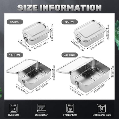 Umigy 8 Pcs Stainless Steel Food Containers 550/850/1400/2400 ml Metal Bento Lunch Box Stainless Steel Food Storage Containers, Lockable Clips to Leak Proof, Reusable Dishwasher Snack Boxes for Work
