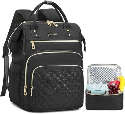 Lunch Backpack, 15.6 inch Laptop Backpack with Insulated Lunch Bag, Backpack Cooler for Women, Large Travel Backpack Lunch Box Compartment, Work Computer Backpack, Teacher College Book Bag, Black