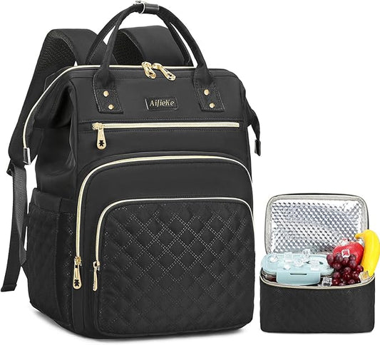 Lunch Backpack, 15.6 inch Laptop Backpack with Insulated Lunch Bag, Backpack Cooler for Women, Large Travel Backpack Lunch Box Compartment, Work Computer Backpack, Teacher College Book Bag, Black