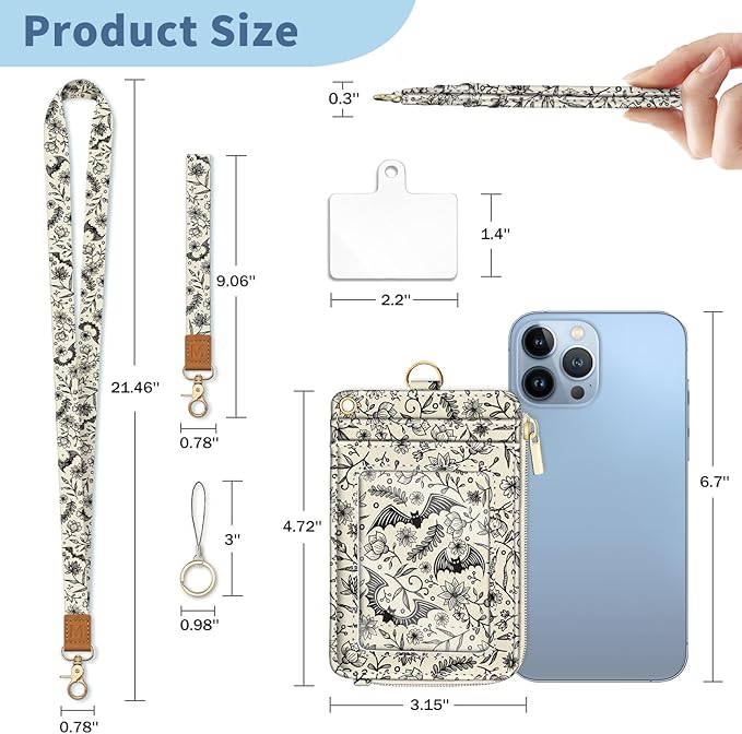 Lanyard Wallet with Id Badge Holder, Gothic Bat RFID Small Keychain Wallet Women Wristlet, Cute Zipper Credit Card Holder Phone Wrist Neck Strap for Key Name Tag, Teacher Student Office Gifts