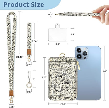 Lanyard Wallet with Id Badge Holder, Gothic Bat RFID Small Keychain Wallet Women Wristlet, Cute Zipper Credit Card Holder Phone Wrist Neck Strap for Key Name Tag, Teacher Student Office Gifts