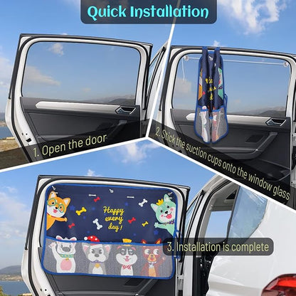 DIZA100 2 Pack Car Window Shade for Baby, Blackout Car Sun Shades with Storage Pockets, 7 Suction Cups, Blue, Cute Patterns for Sun/Heat/UV Rays Protection, Standard Passenger Cars