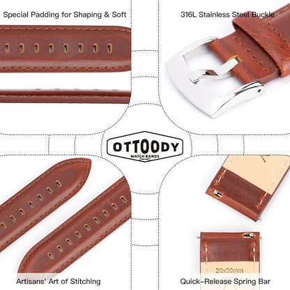 OTTOODY Leather Watch Bands Quick Release, Elegant Top Grain Leather Watch Straps for Men & Women, Choice of Color & Width - 18mm, 19mm, 20mm, 21mm or 22mm Wristbands Bracelet for Watch & Smartwatch