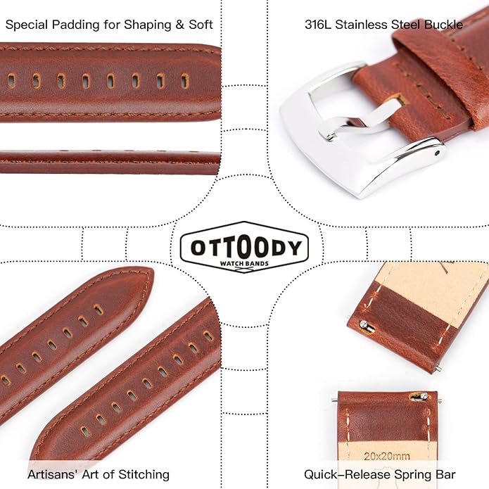 OTTOODY Leather Watch Bands Quick Release, Elegant Top Grain Leather Watch Straps for Men & Women, Choice of Color & Width - 18mm, 19mm, 20mm, 21mm or 22mm Wristbands Bracelet for Watch & Smartwatch
