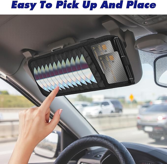 Car CD Holder DVD Vehicle Visor Storage Organizer Black Large Capacity CD Visor Case with 12 DVD Storage Sleeves, 1 Mesh Pocket, 1 Pen Loop & Elastic Strap
