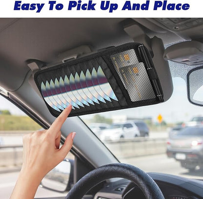 Car CD Holder DVD Vehicle Visor Storage Organizer Black Large Capacity CD Visor Case with 12 DVD Storage Sleeves, 1 Mesh Pocket, 1 Pen Loop & Elastic Strap