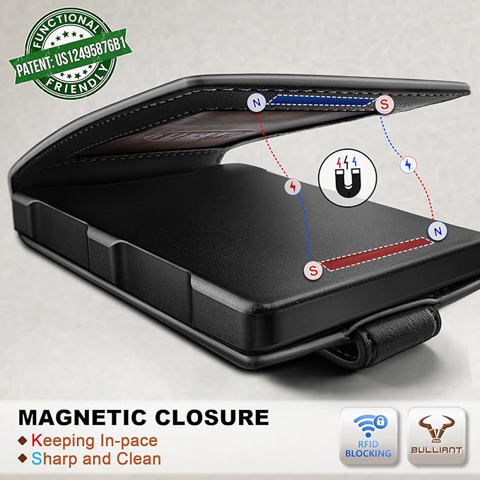 BULLIANT Men Wallet,Metal Case Money Clip with Grain Leather Flip 11 Cards-Pop-up Access Magetic Closure