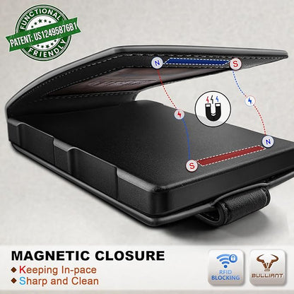 BULLIANT Men Wallet,Metal Case Money Clip with Grain Leather Flip 11 Cards-Pop-up Access Magetic Closure
