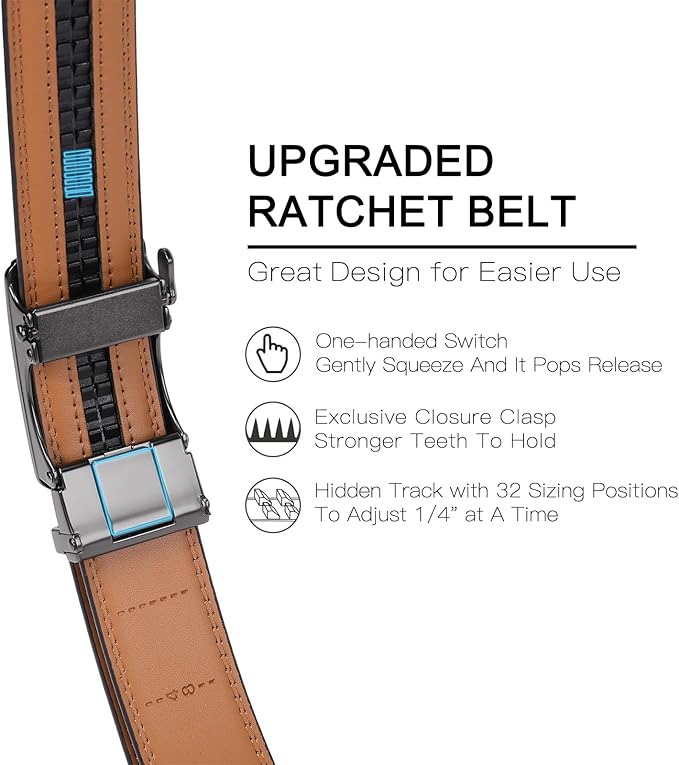 SENDEFN Men's Leather Belt Automatic Ratchet Buckle Slide Belt for Dress Casual Trim to Fit with Gift Box