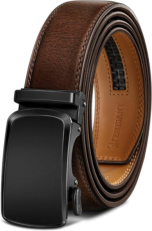 KEMISANT Men Belt Ratchet Click Belt Genuine Leather Adjustable For Men Golf Dress Casual Jeans 1 3/8-Cut For Fit